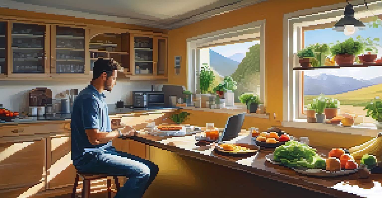 A traveler working in a kitchen, surrounded by fresh ingredients and a laptop, illuminated by warm sunlight.