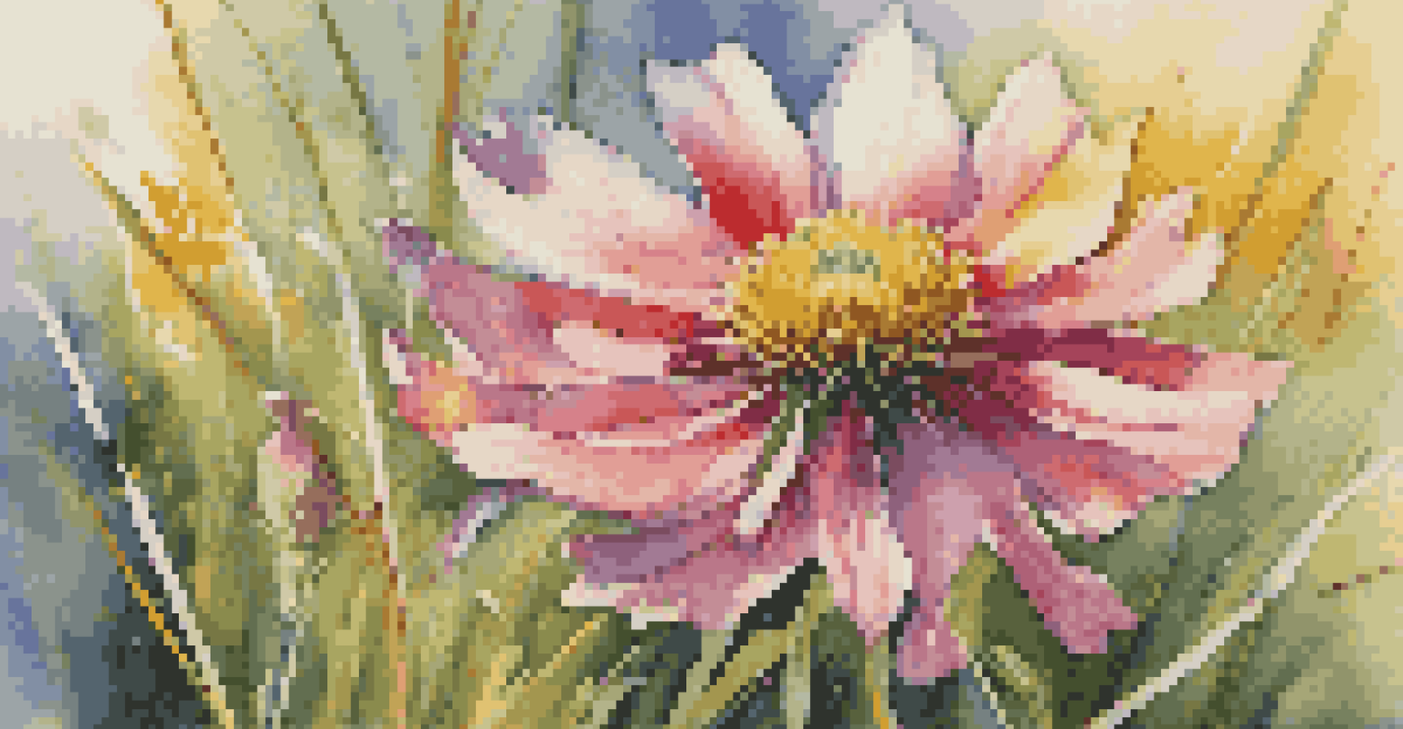 A close-up of a colorful wildflower in a meadow with soft sunlight illuminating its petals.