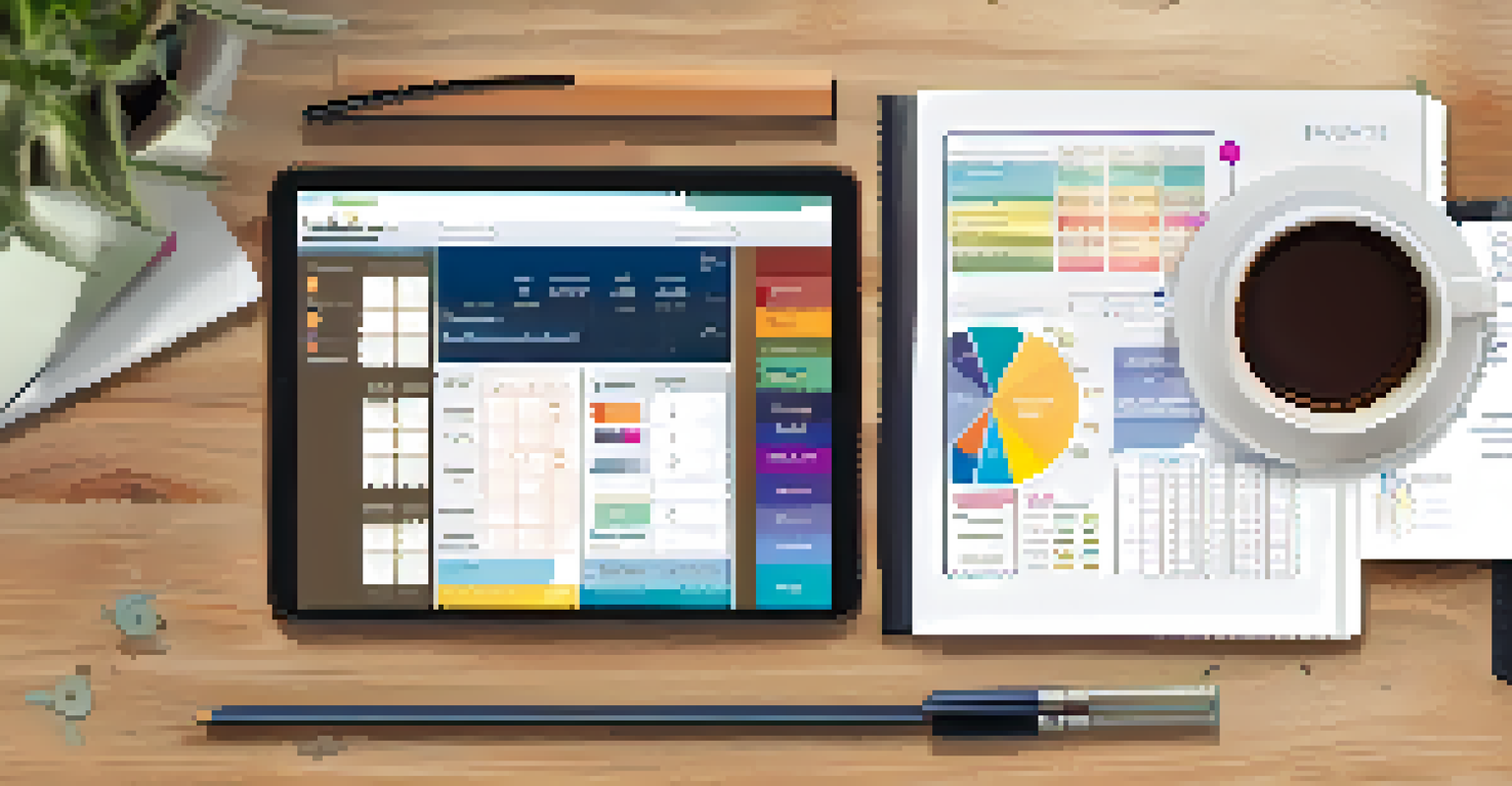 An overhead view of a travel budget planner with a laptop, smartphone, and coffee on a wooden desk.