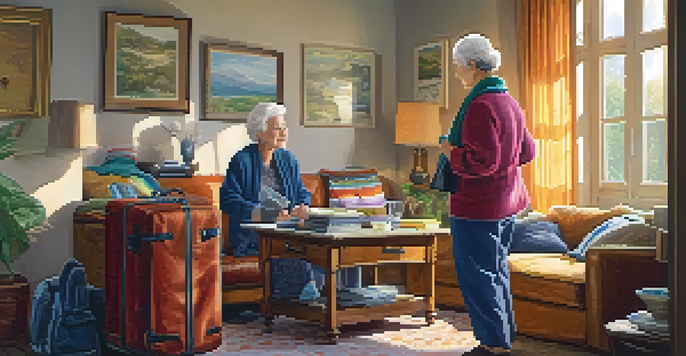 A senior couple is packing a suitcase in a bright living room, discussing items on a checklist with an organized assortment of clothing and medications visible.