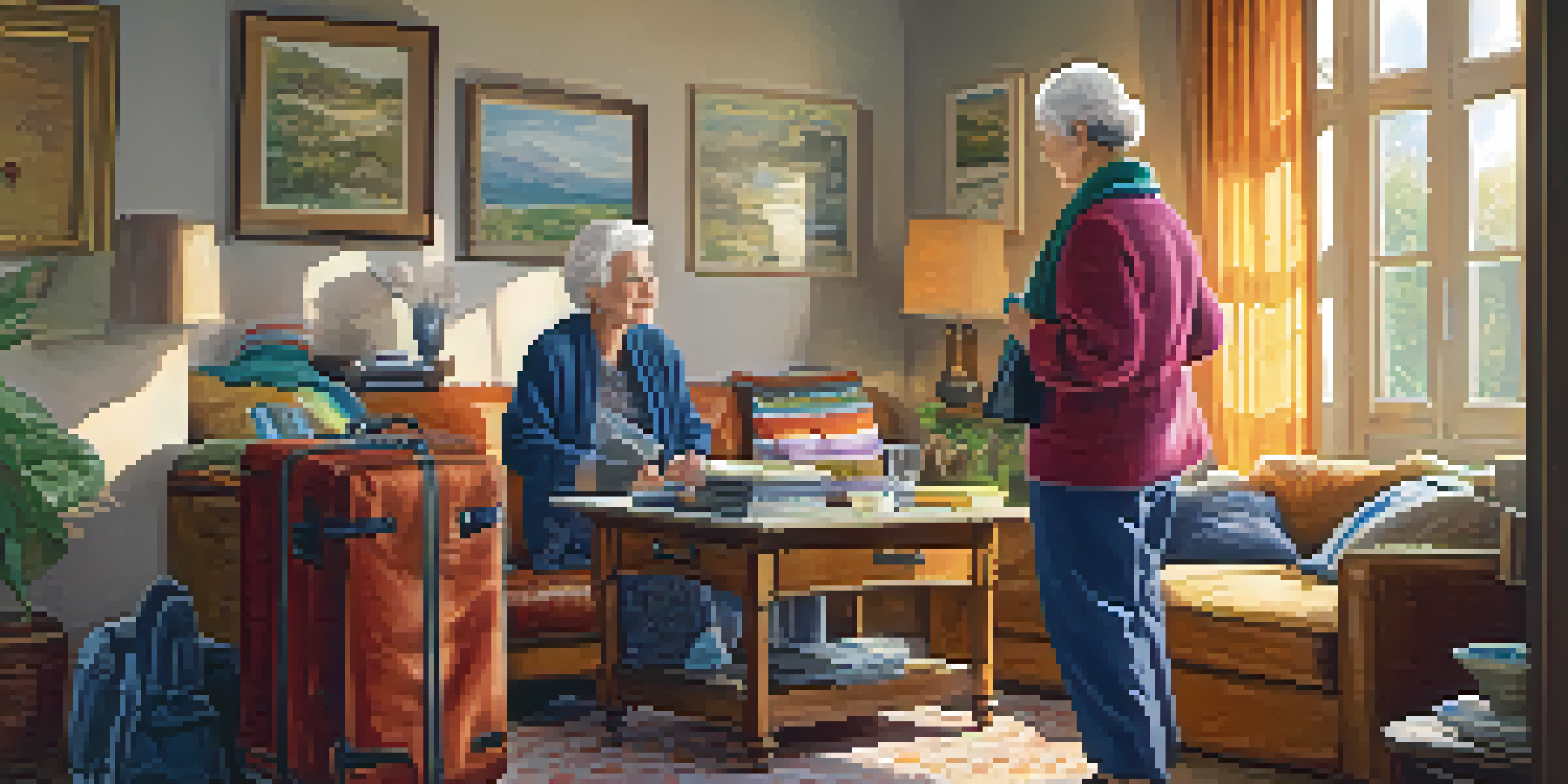 A senior couple is packing a suitcase in a bright living room, discussing items on a checklist with an organized assortment of clothing and medications visible.