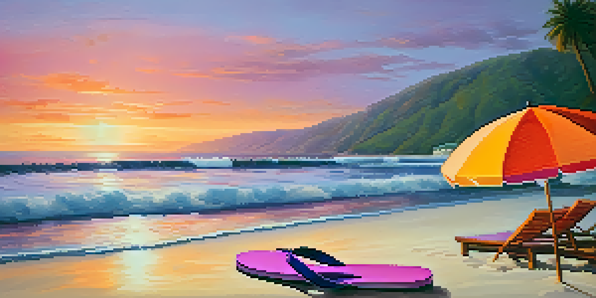 A peaceful beach at sunset with soft waves, a pair of flip-flops in the sand, and a colorful beach umbrella under a sky of warm hues.