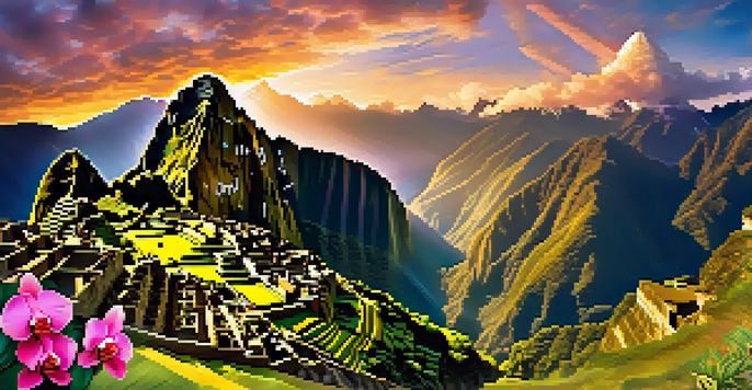 A scenic view of the Inca Trail with blooming orchids and Machu Picchu at sunrise in the background.