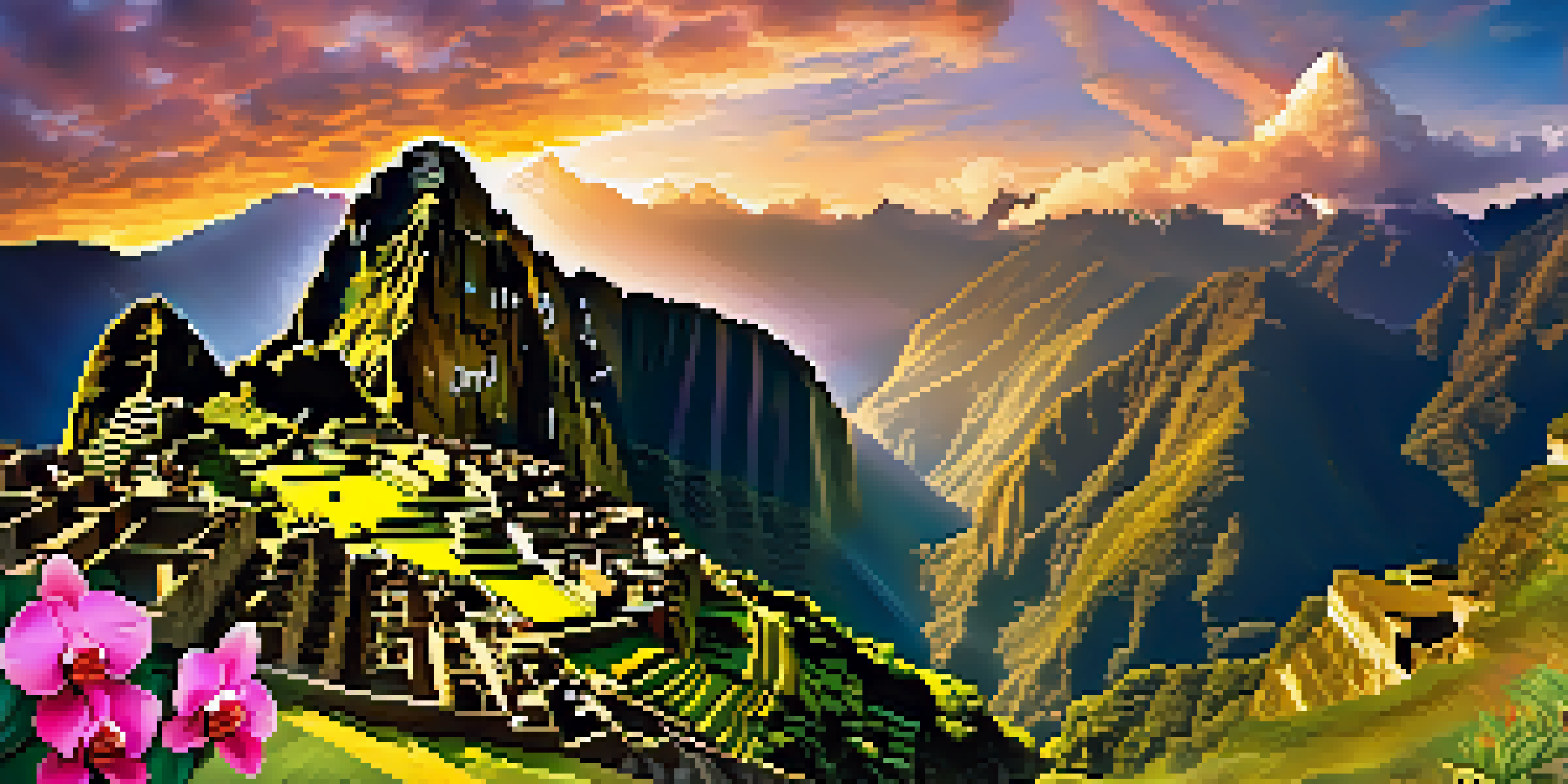 A scenic view of the Inca Trail with blooming orchids and Machu Picchu at sunrise in the background.