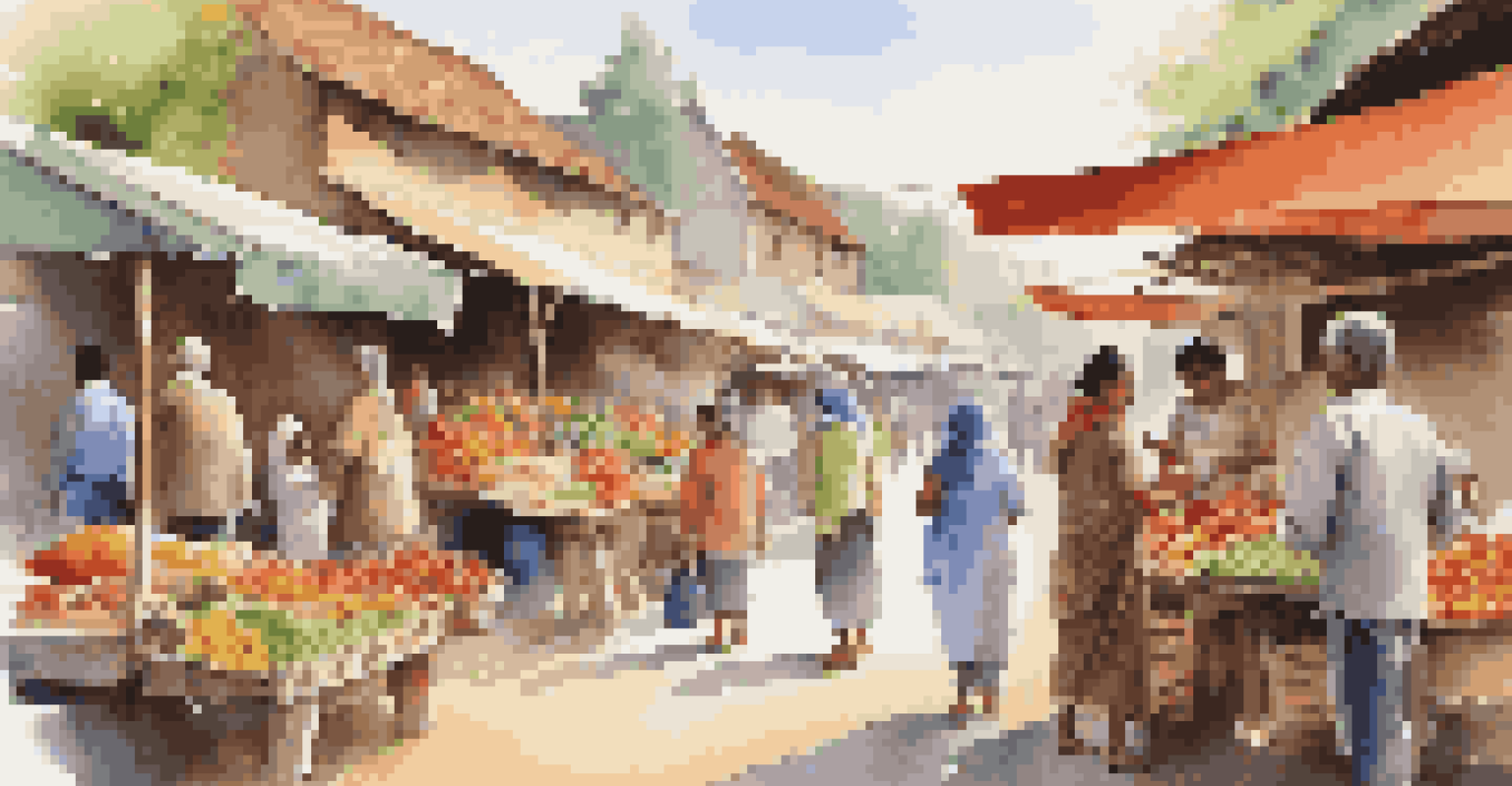 A family exploring a vibrant local market, holding souvenirs, surrounded by fresh produce and handmade crafts, interacting with local vendors.