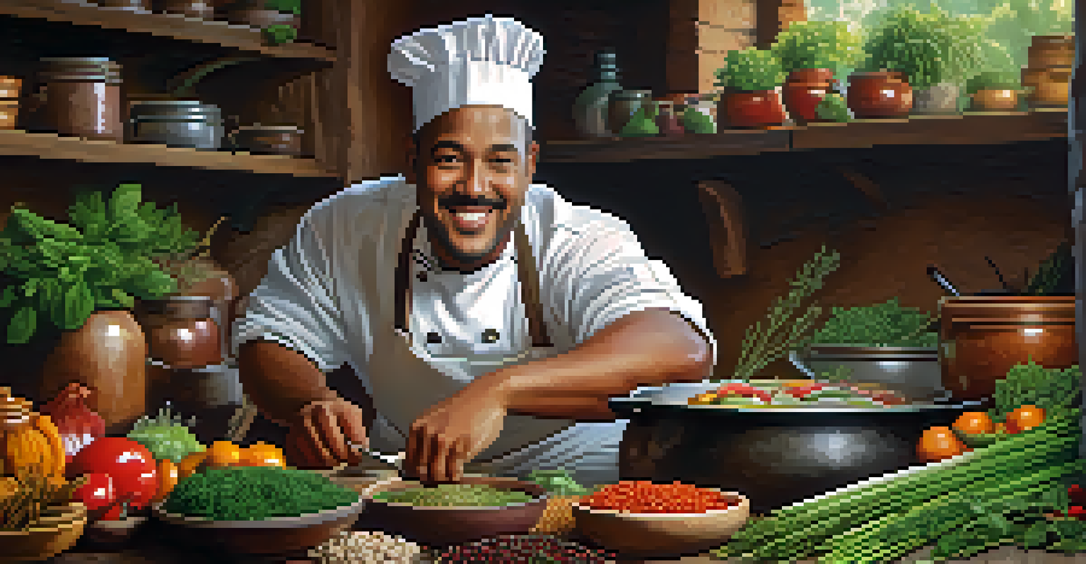A local chef in a rustic kitchen, preparing a traditional meal surrounded by fresh ingredients, herbs, and a clay stove.