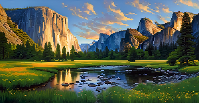 A wide view of Yosemite National Park at sunset with granite cliffs, a green meadow, and a stream.