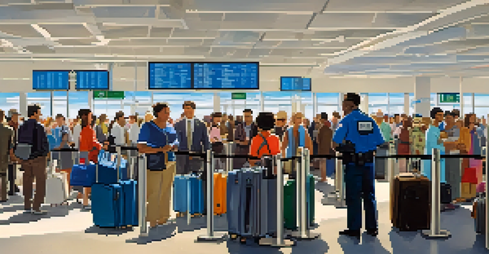 A busy airport security checkpoint showing travelers in line and security personnel assisting them.