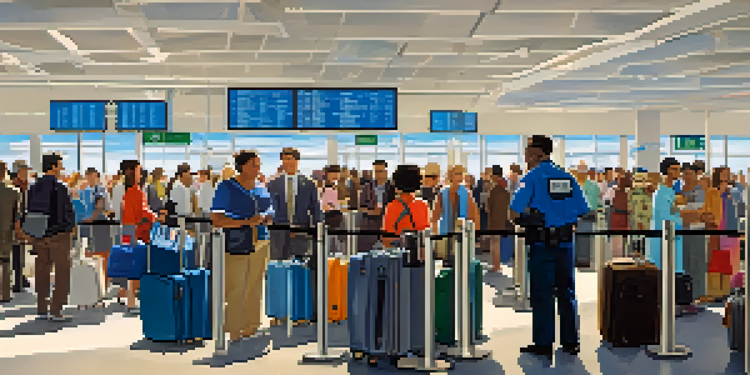A busy airport security checkpoint showing travelers in line and security personnel assisting them.
