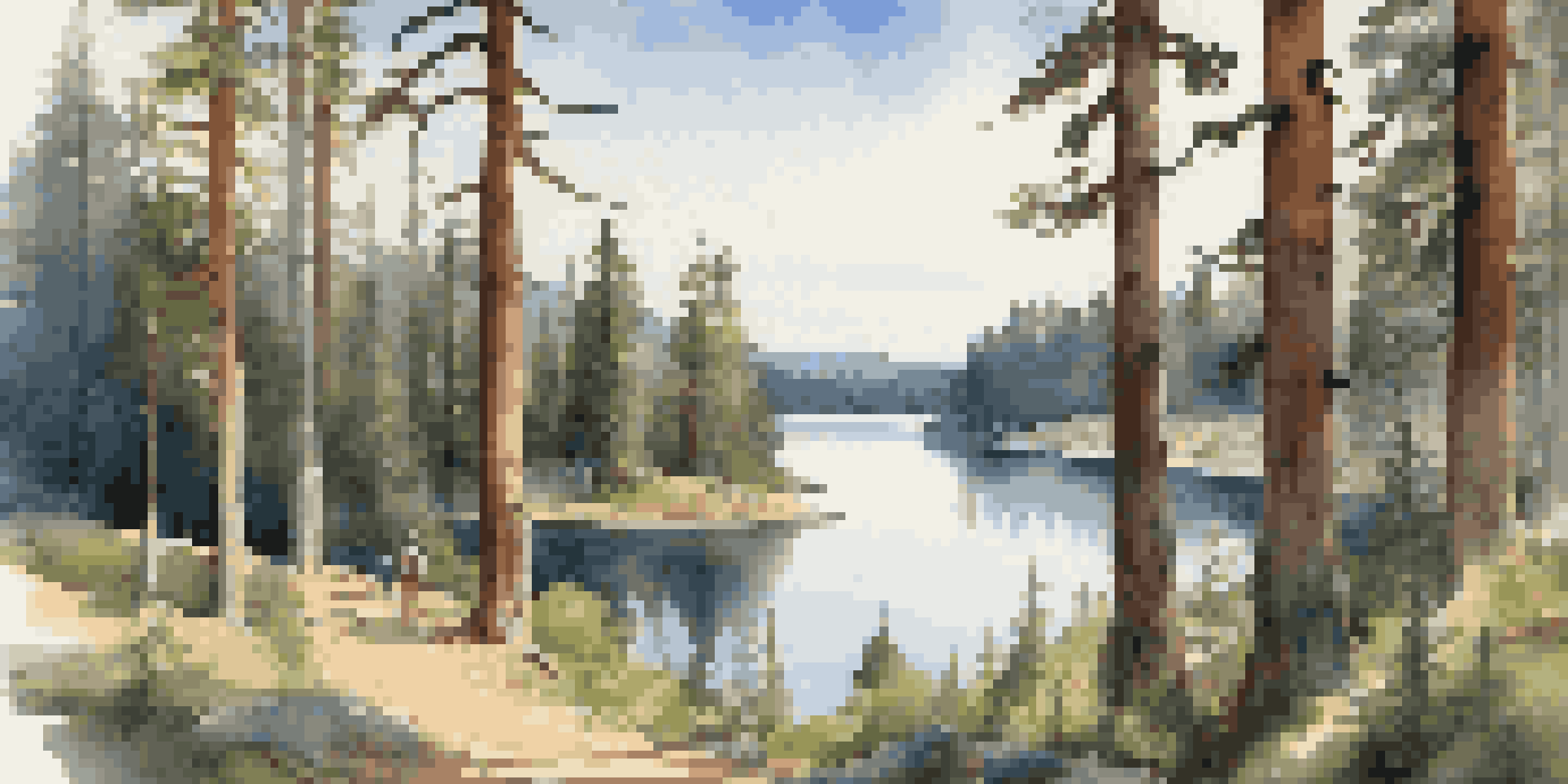 A peaceful national forest landscape featuring tall pine trees, a calm lake, and hikers on a trail.