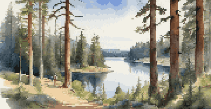 A peaceful national forest landscape featuring tall pine trees, a calm lake, and hikers on a trail.