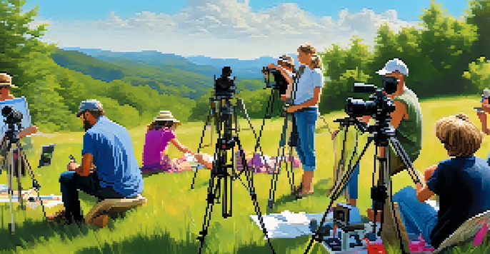 A lively outdoor photography contest with diverse photographers capturing landscapes in a beautiful green setting.