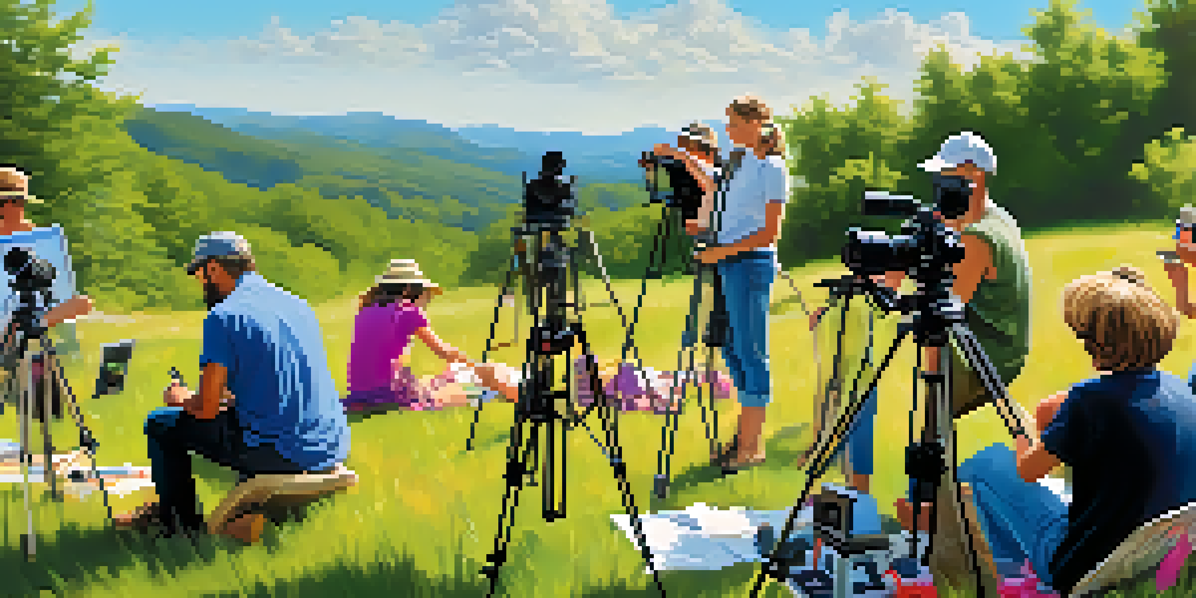 A lively outdoor photography contest with diverse photographers capturing landscapes in a beautiful green setting.