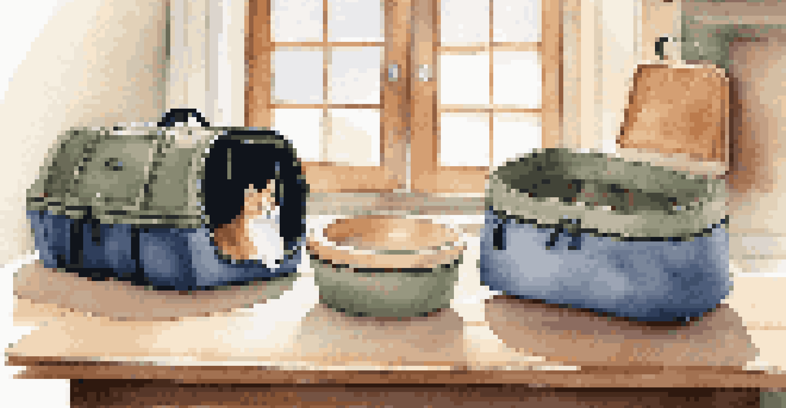 A variety of pet travel gear including collapsible bowls and a pet carrier on a wooden table in a bright room.