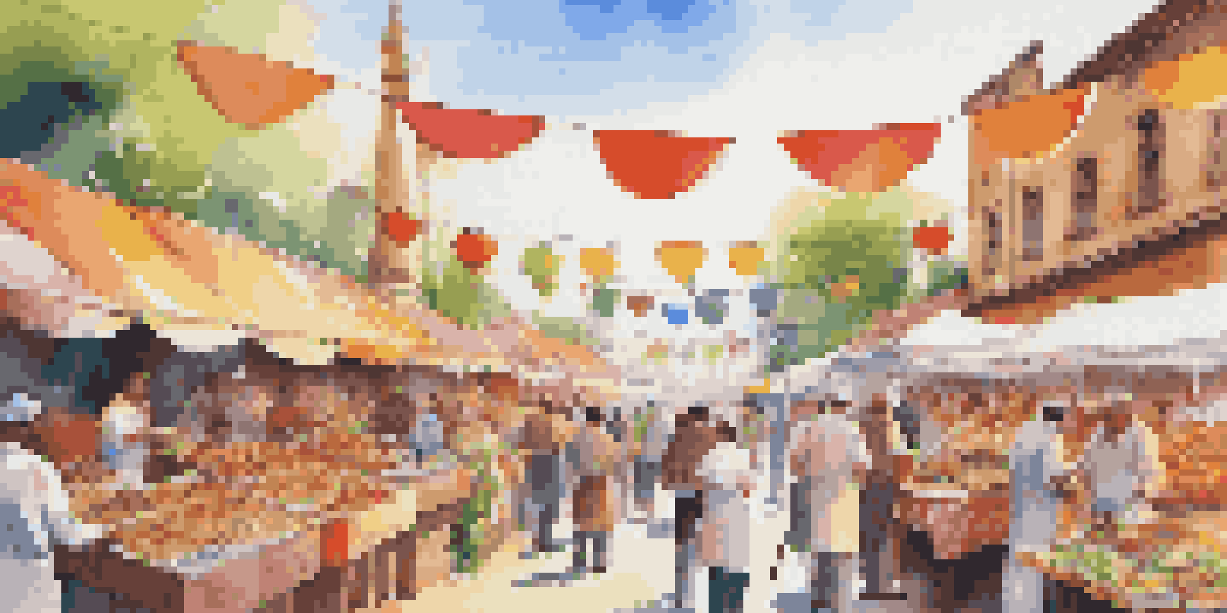 A lively food festival with colorful stalls and diverse people sampling local dishes under bright decorations.