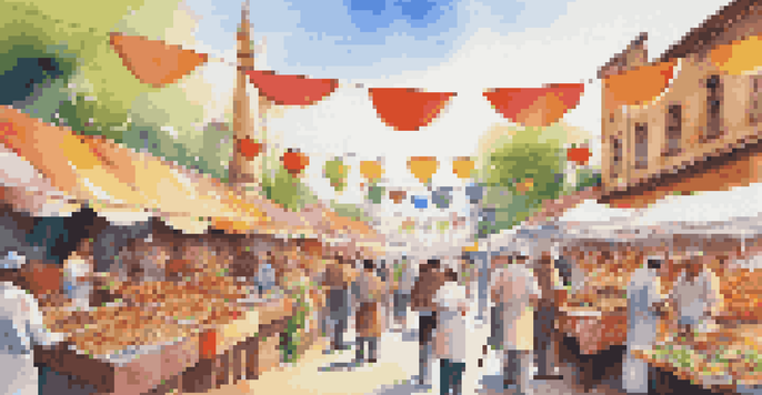 A lively food festival with colorful stalls and diverse people sampling local dishes under bright decorations.