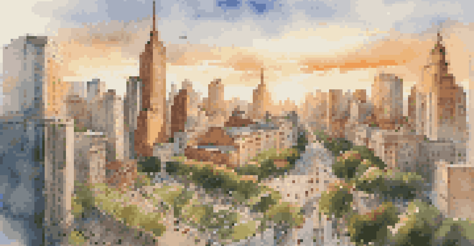 A vibrant cityscape at golden hour, showcasing skyscrapers and bustling streets.