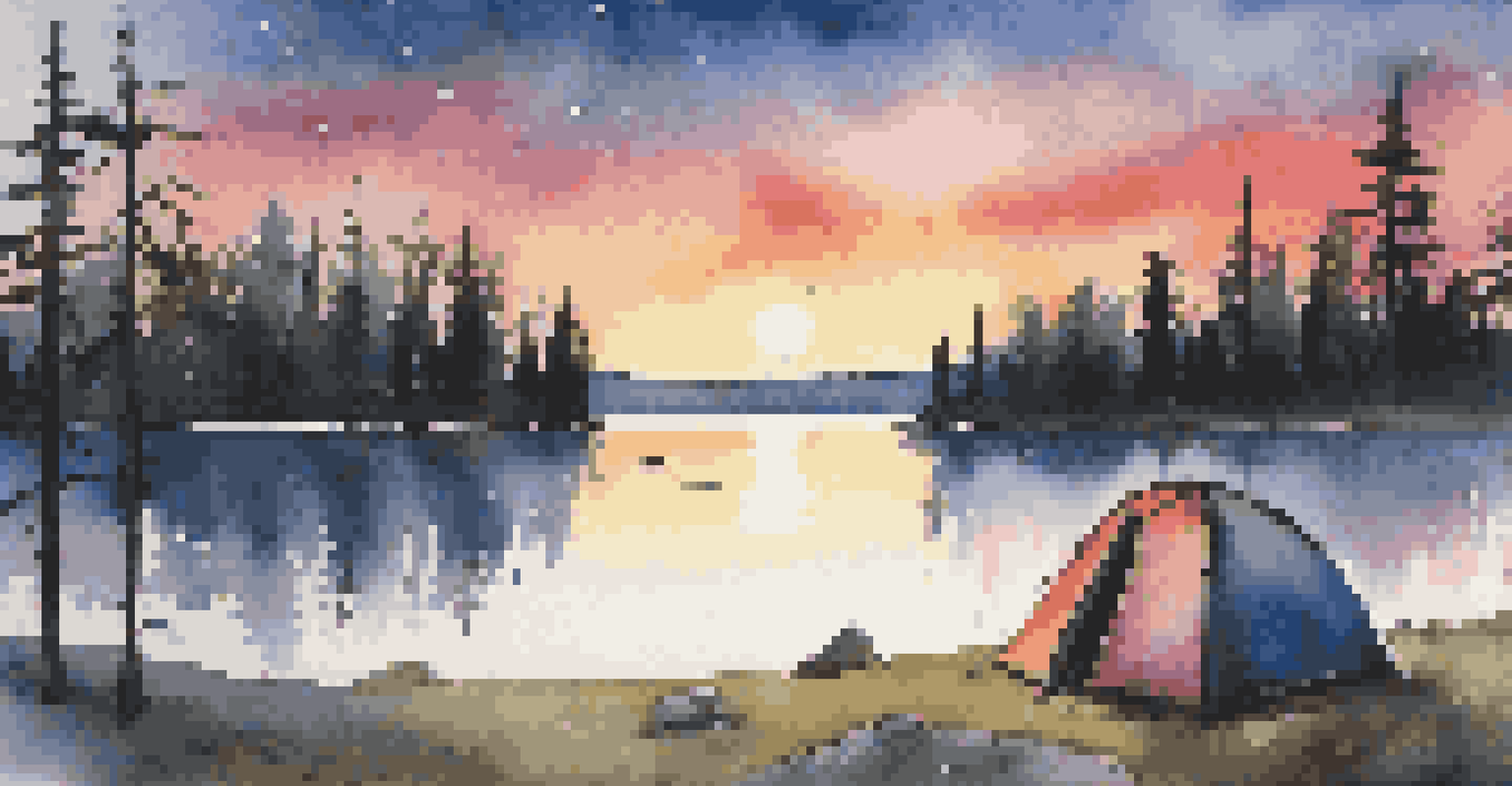 A campsite at sunset with a tent by a lake and a campfire in the foreground.