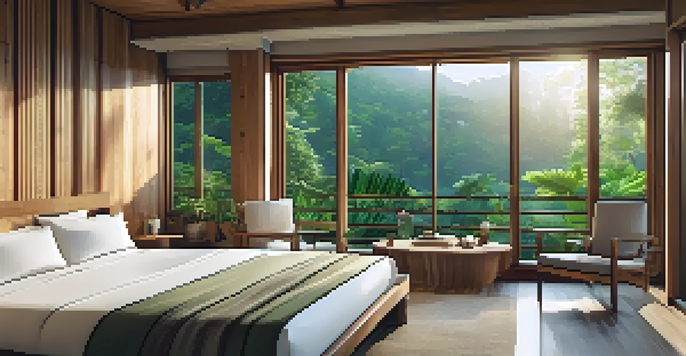 An eco-friendly hotel room with wooden decor, large windows overlooking a forest, and indoor plants, illuminated by soft sunlight.