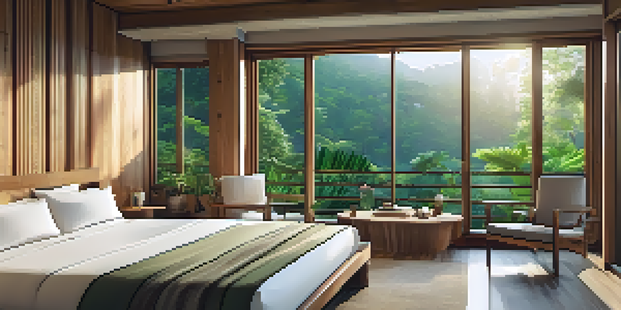 An eco-friendly hotel room with wooden decor, large windows overlooking a forest, and indoor plants, illuminated by soft sunlight.