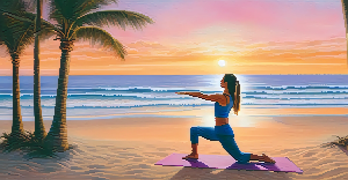 A person practicing yoga at sunrise on a sandy beach, with ocean waves and palm trees in the background.
