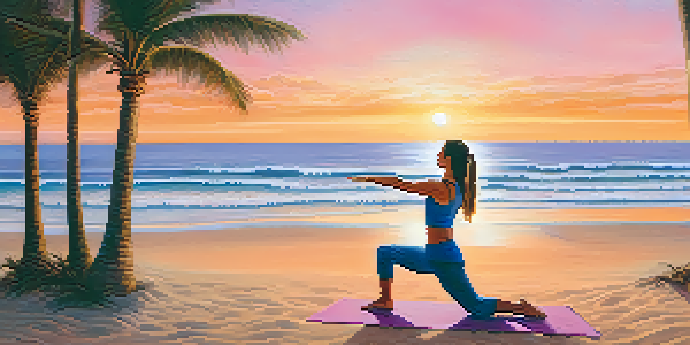 A person practicing yoga at sunrise on a sandy beach, with ocean waves and palm trees in the background.
