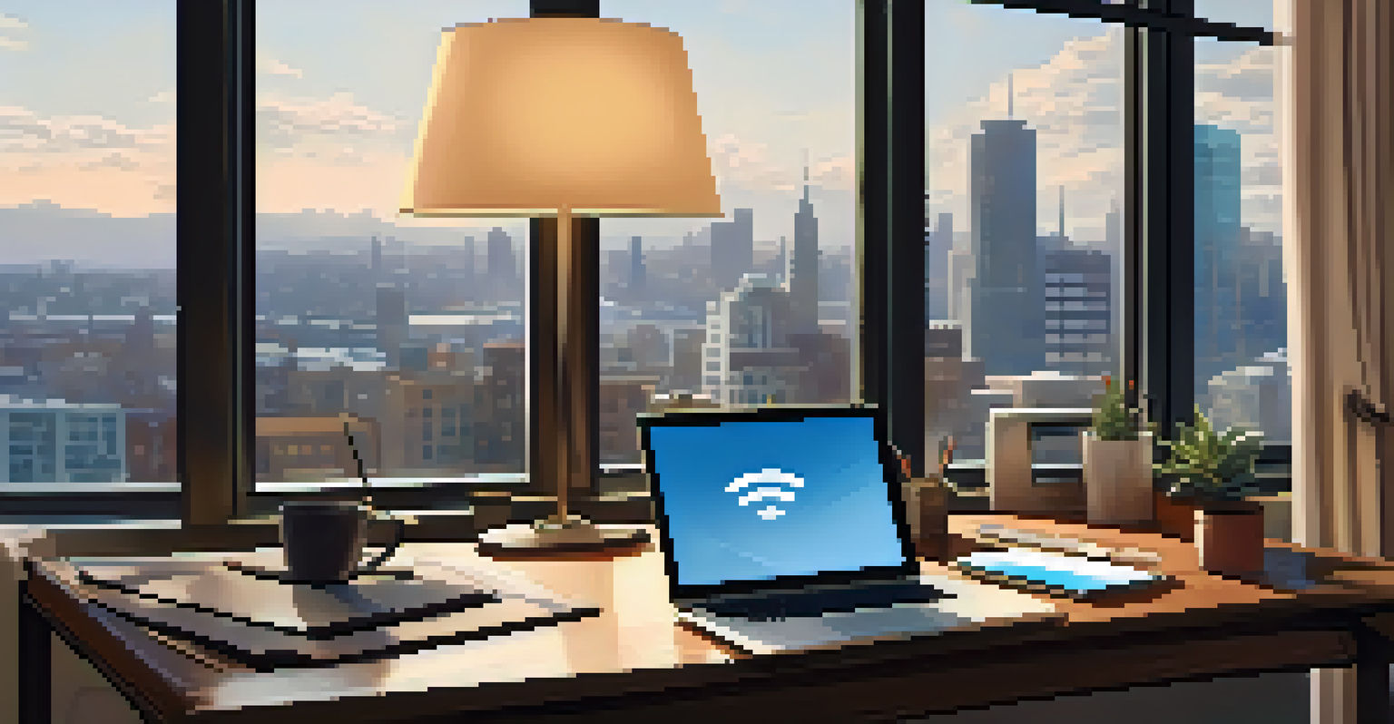 A travel workspace in a hotel room, with a laptop, Wi-Fi device, and notepad, alongside a view of a city through the window.