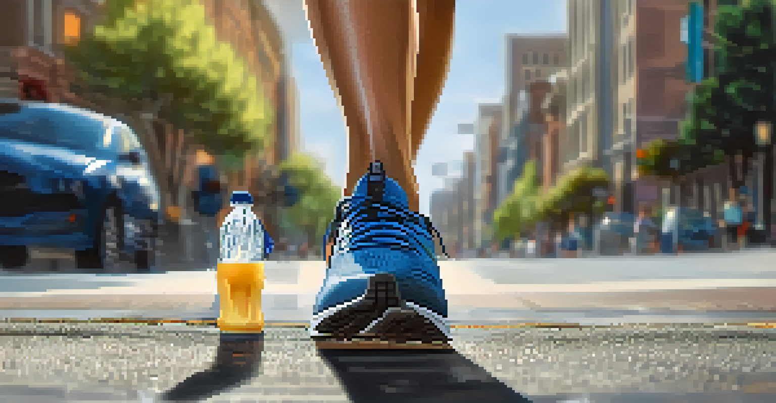 Close-up of a runner's feet in running shoes with a water bottle and running belt on a city street.