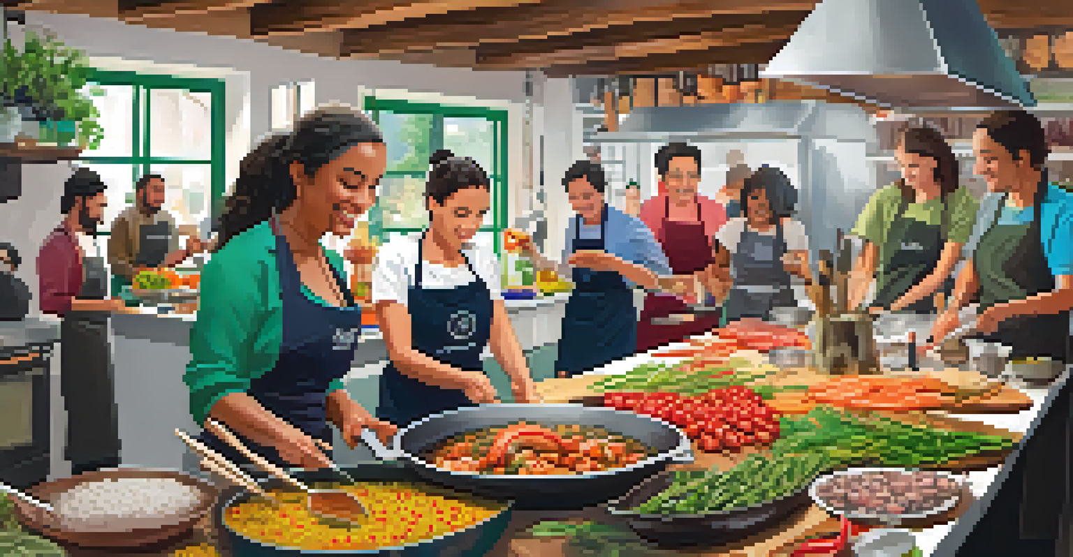 A lively cooking class in a Spanish kitchen, with participants making paella using fresh ingredients.