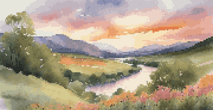 A peaceful river landscape at sunset with lush greenery and blooming wildflowers.