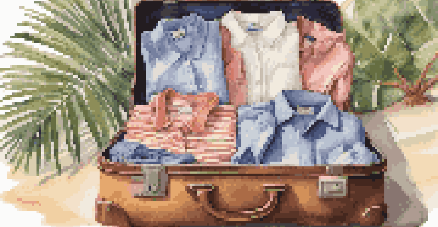 A packed suitcase with various clothing items for a cruise set against a tropical beach background.