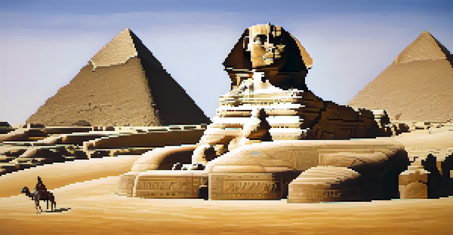 A majestic view of the Sphinx with the Pyramids of Giza in the background, highlighting the details of the stone monument.