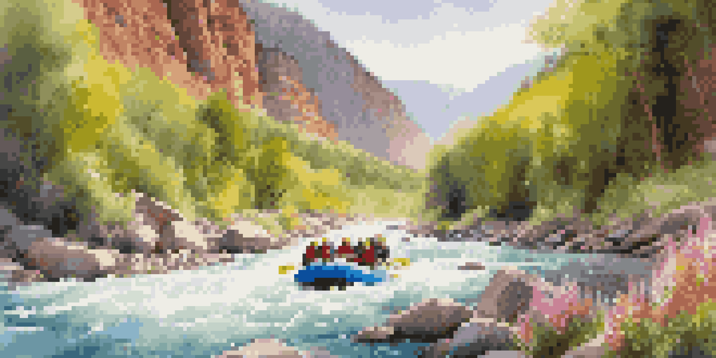 A group of people white water rafting through lively rapids, surrounded by colorful spring flowers and greenery, under a bright sun.