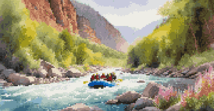 A group of people white water rafting through lively rapids, surrounded by colorful spring flowers and greenery, under a bright sun.