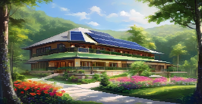 A green hotel surrounded by trees and flowers, showcasing solar panels and large windows reflecting nature.