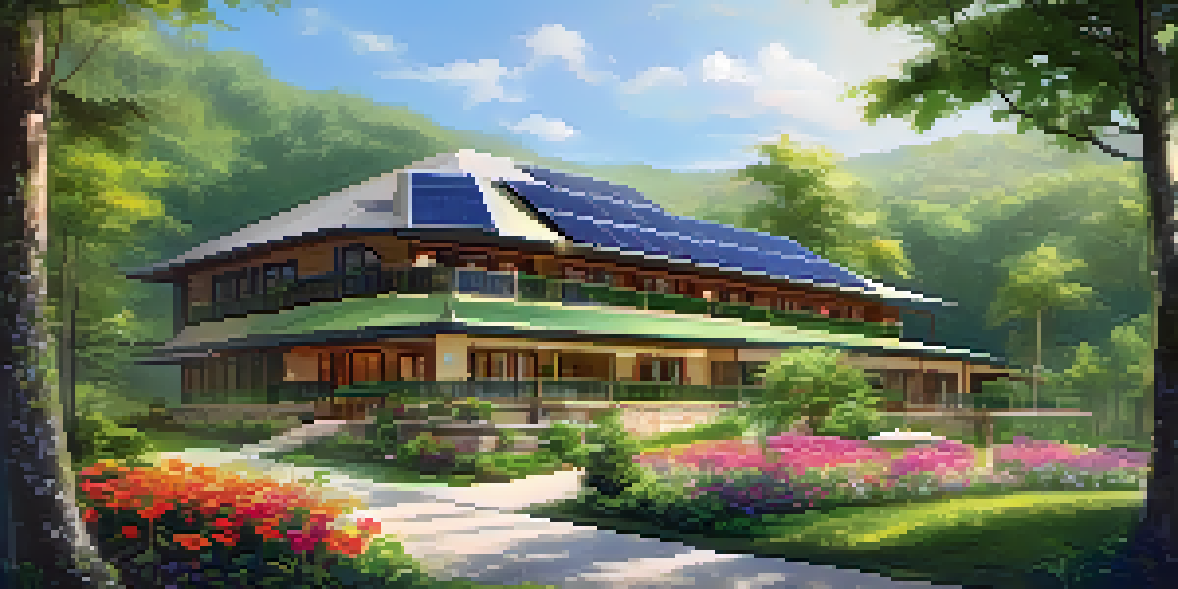 A green hotel surrounded by trees and flowers, showcasing solar panels and large windows reflecting nature.