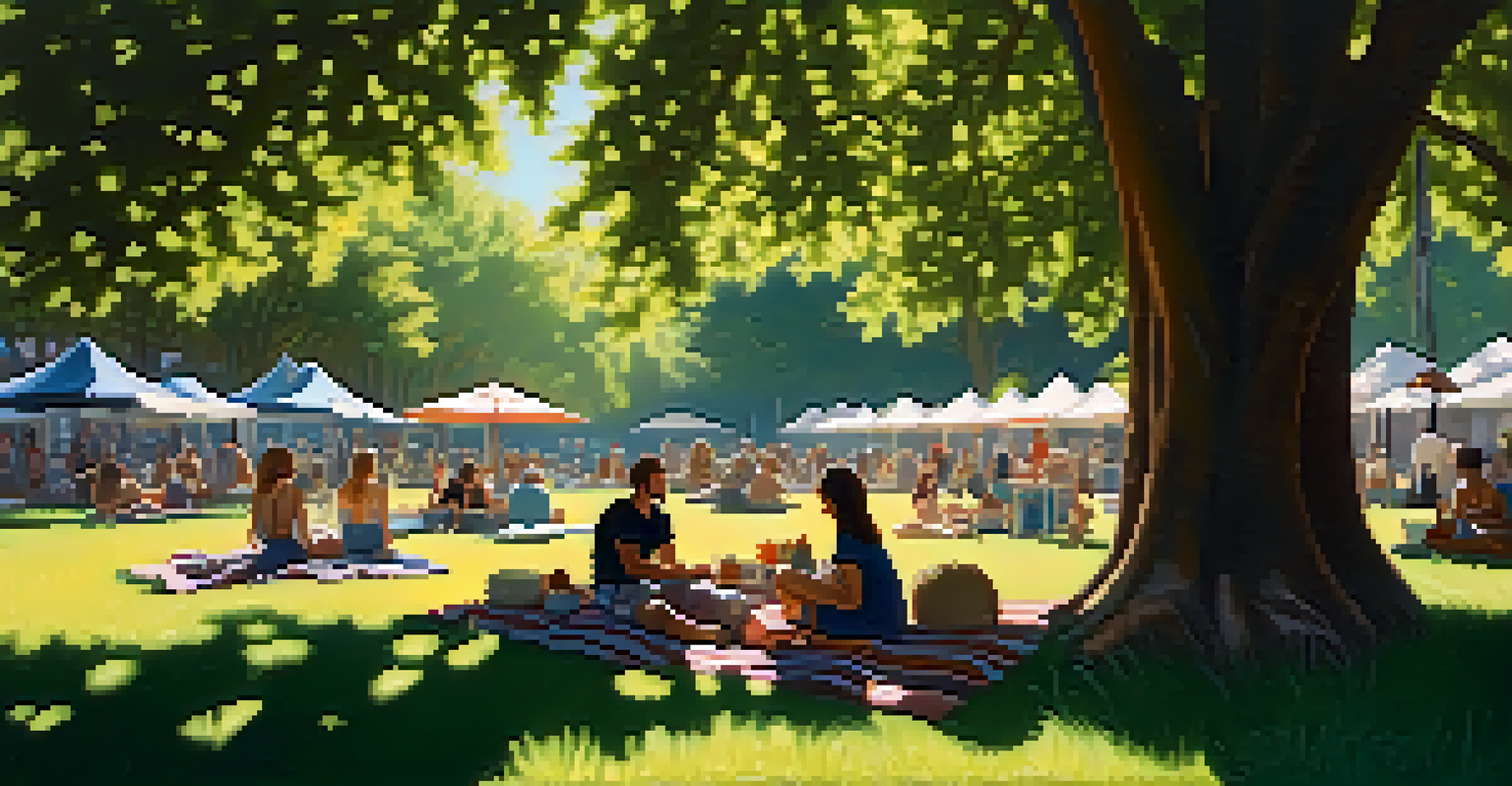 A peaceful lounge area at a music festival, with people relaxing on picnic blankets under trees, enjoying conversations.