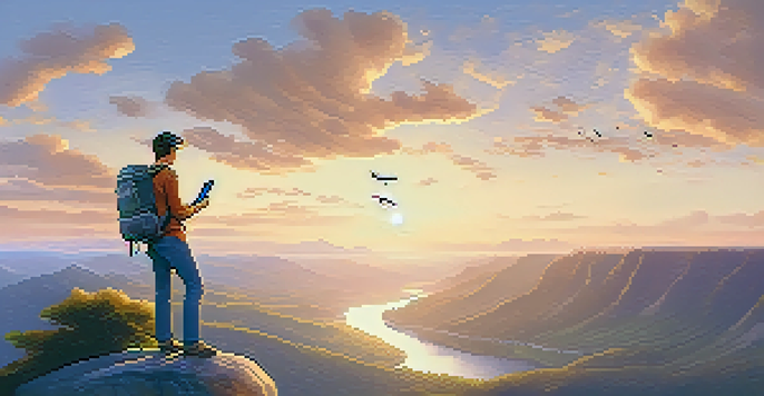 A traveler with a backpack stands on a cliff, gazing over a green valley and a winding river, while holding a smartphone showing a travel app.