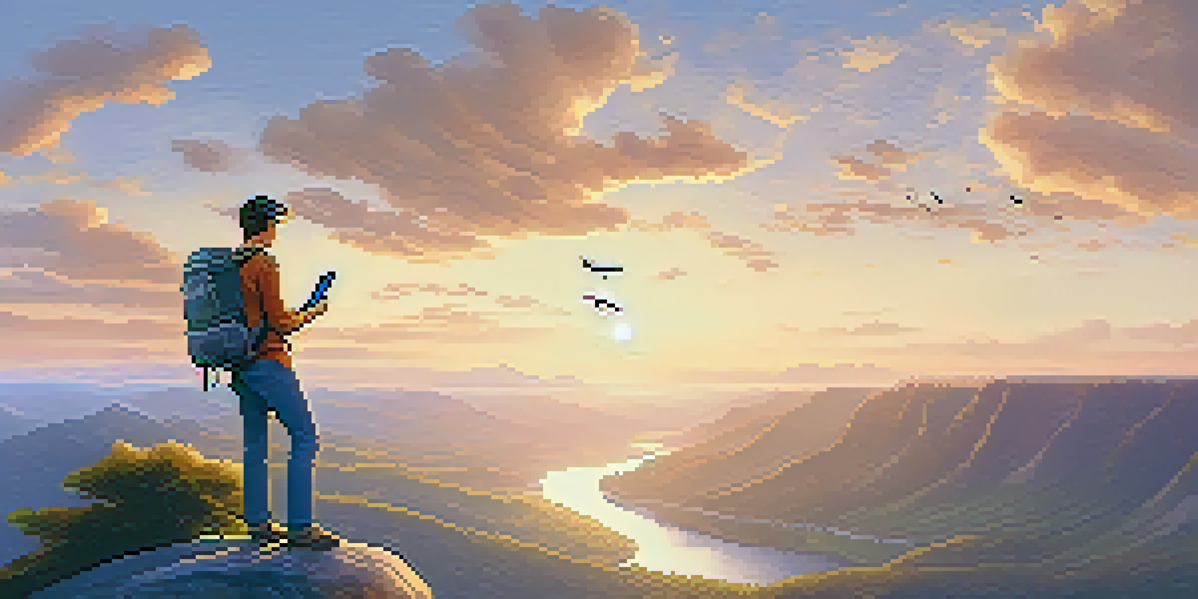 A traveler with a backpack stands on a cliff, gazing over a green valley and a winding river, while holding a smartphone showing a travel app.