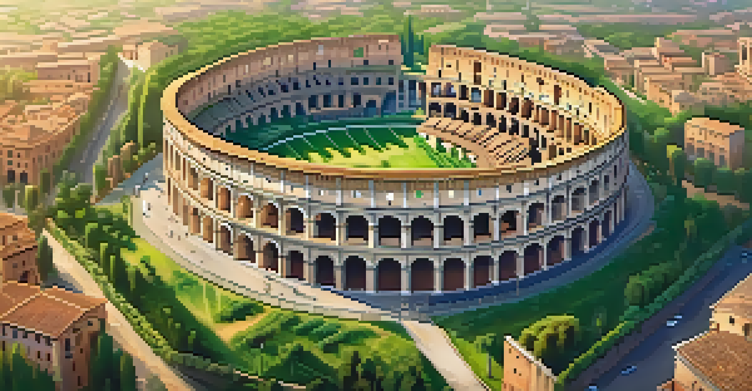 An aerial view of the Colosseum in Rome, highlighting its architectural details against a backdrop of lush greenery during the golden hour.