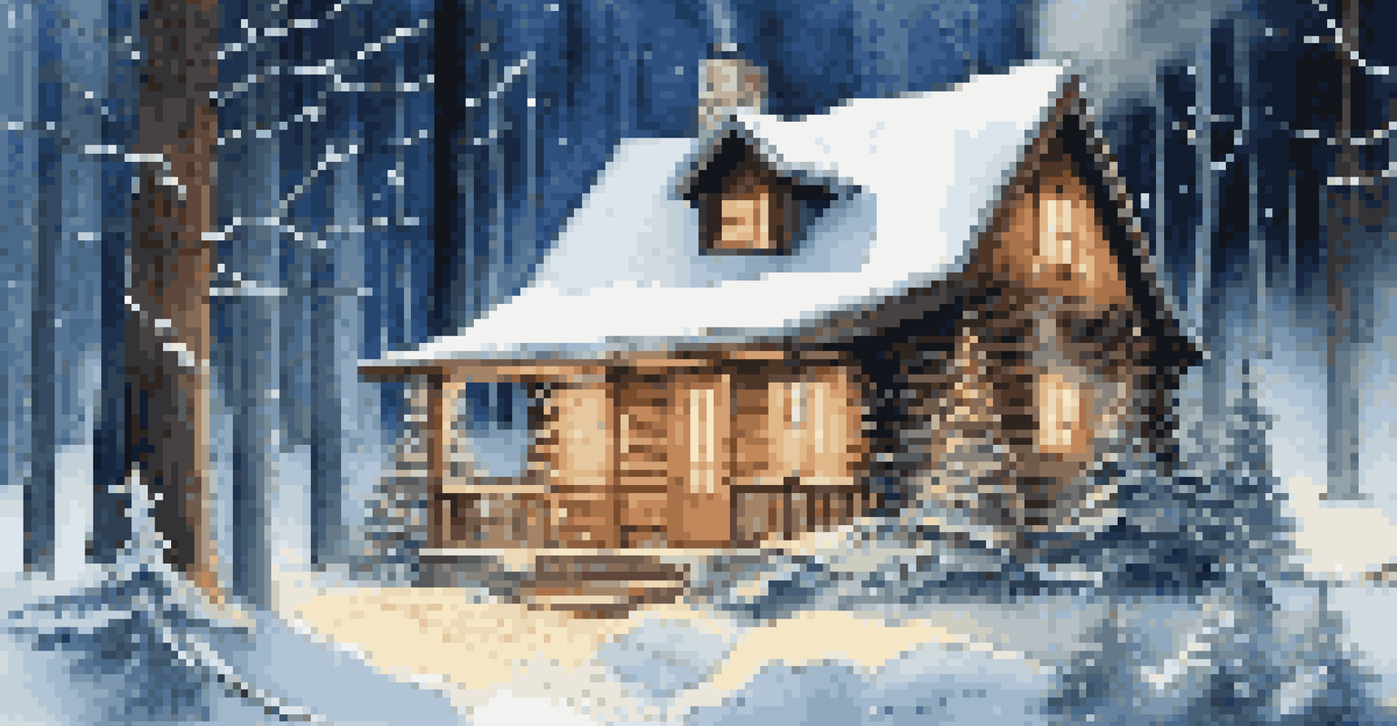 A quaint cabin in a snowy forest with smoke from the chimney and fairy lights, surrounded by pine trees.