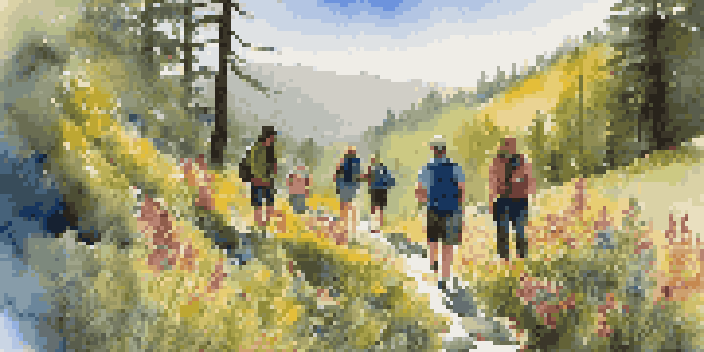 A group of friends enjoying a hike on a beautiful mountain trail with bright sunlight and colorful flowers.