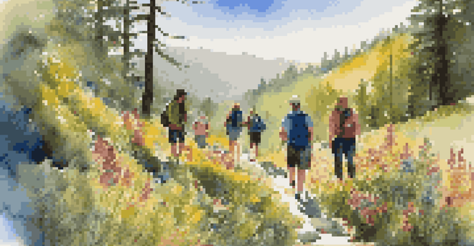 A group of friends enjoying a hike on a beautiful mountain trail with bright sunlight and colorful flowers.