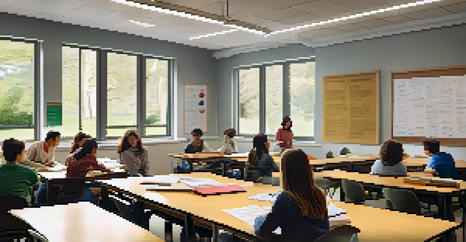 Students discussing around a table in a bright classroom with educational materials.