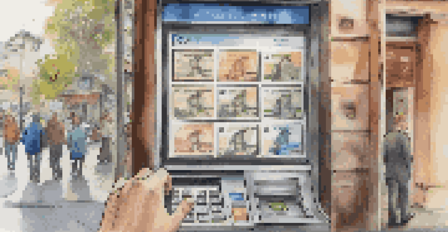 Close-up of an ATM screen showing local currency options, with a hand inserting a debit card in a busy street background.