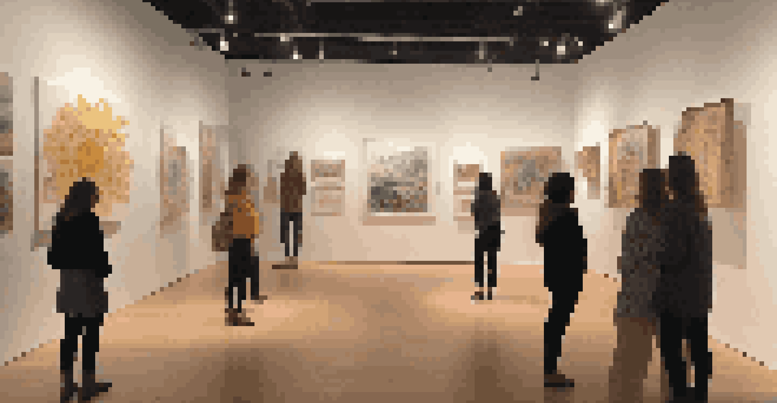 An art installation in a hidden gallery, featuring local materials and visitors engaging with the artwork.