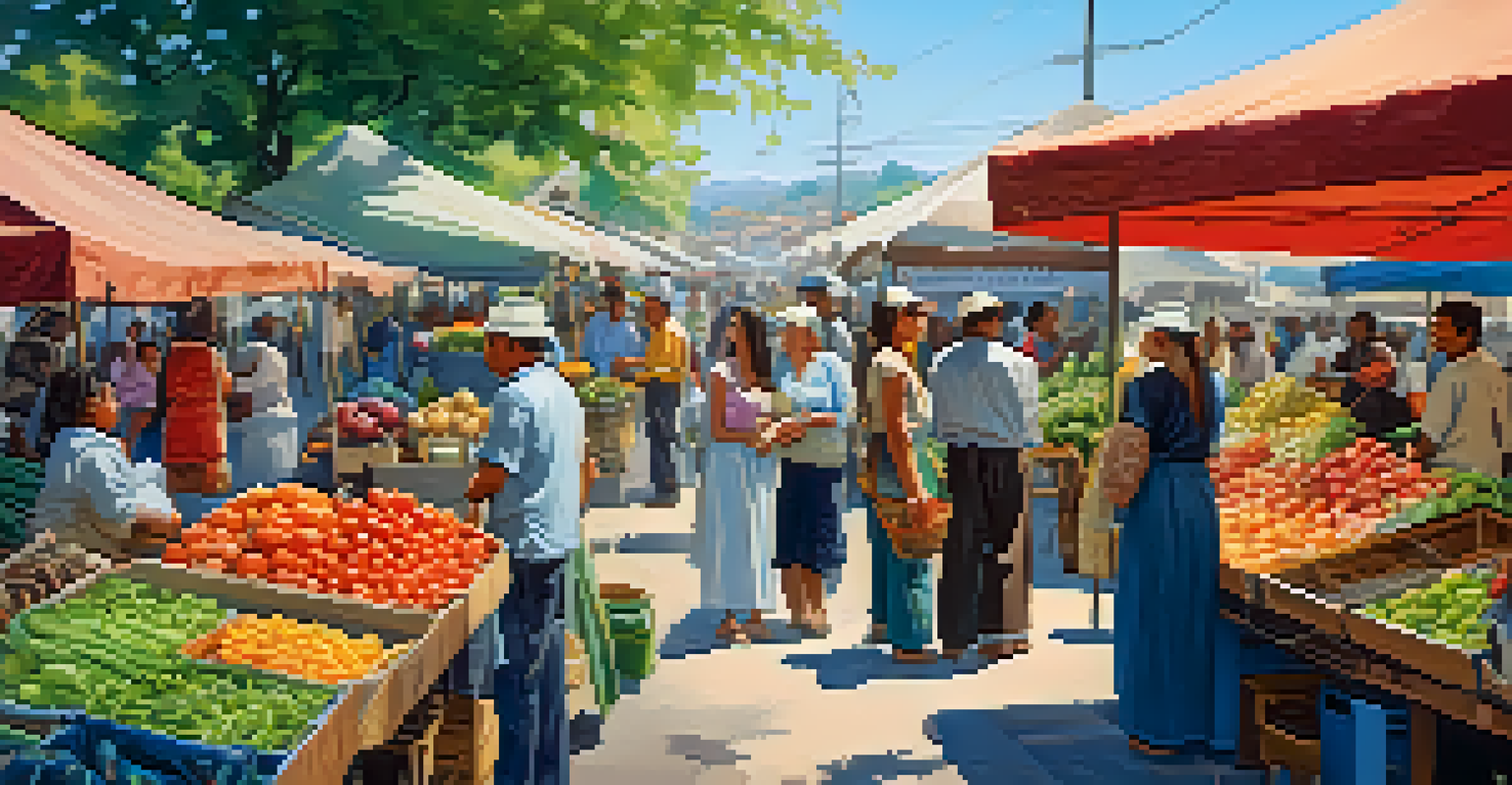 A bustling outdoor market with colorful stalls showcasing local crafts and fresh produce, set against a bright blue sky.
