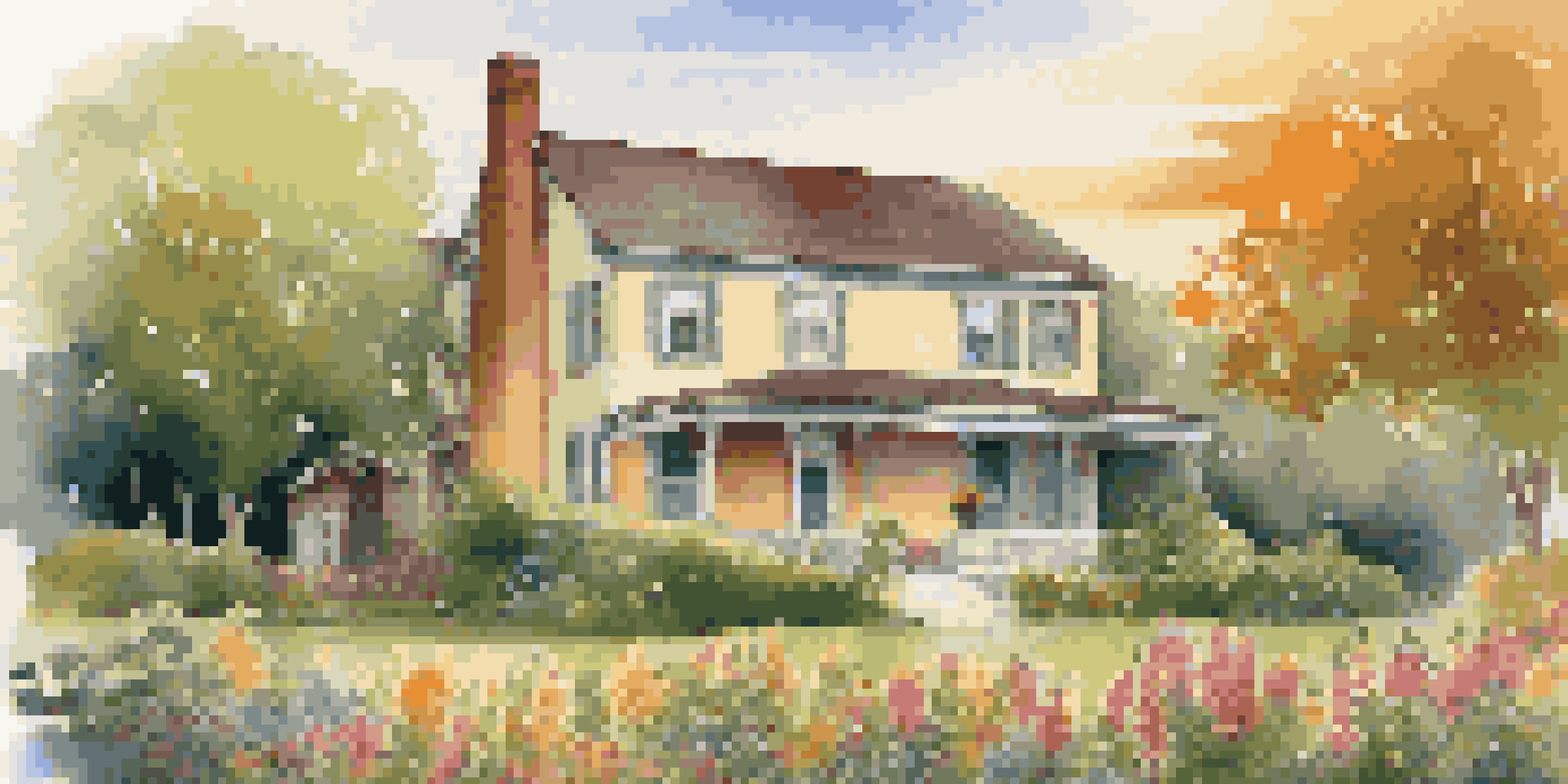 A family stands in front of a vintage ancestral home, illuminated by the golden sunset, surrounded by a vibrant flower garden.