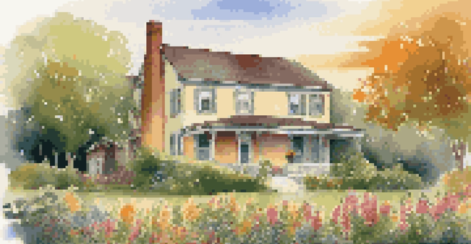 A family stands in front of a vintage ancestral home, illuminated by the golden sunset, surrounded by a vibrant flower garden.