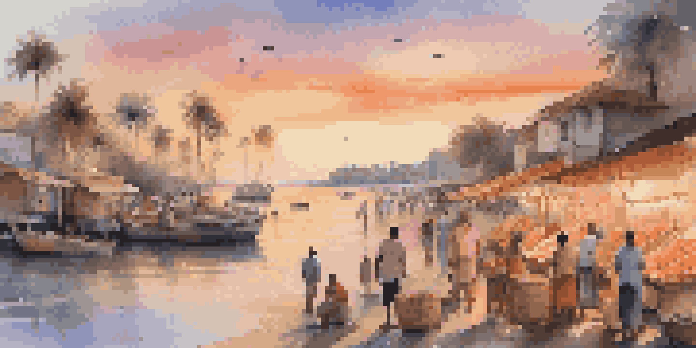 A vibrant coastal town during sunset with a local market, colorful stalls, and families enjoying meals, all under a sky of orange and pink hues.